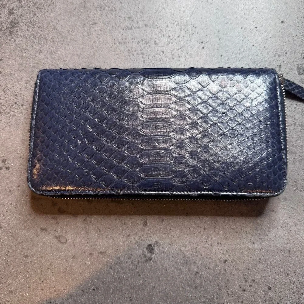 Chanel Blue Exotic Python Leather Wallet Navy Zippy Luxury Designer SHW